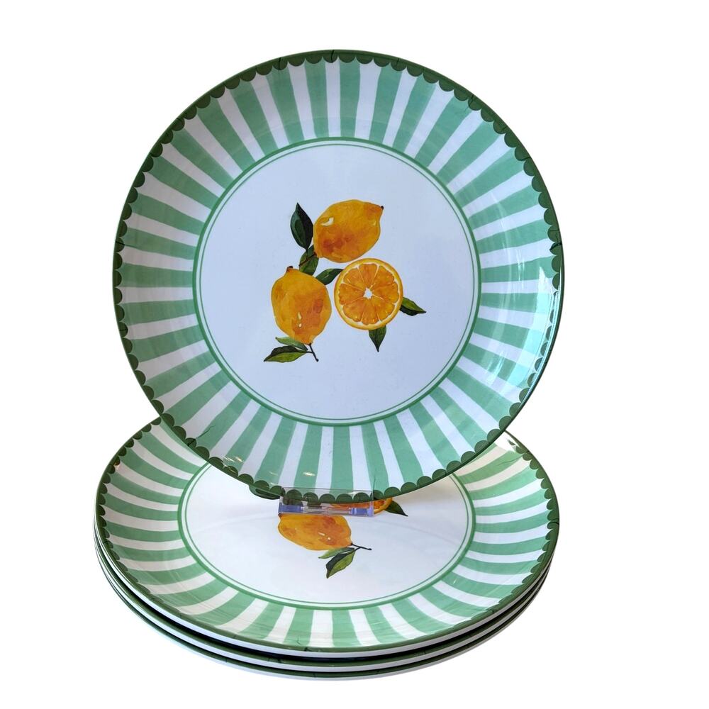 Soho Loft Lemon Green Cabana Stripe Melamine Dinner Plates 11in Set of 4 NEW